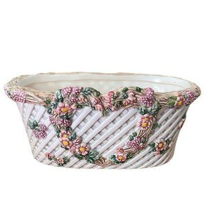 LBK Basket Weave Ceramic Planter Heart Flowers Fruit 8 Inch